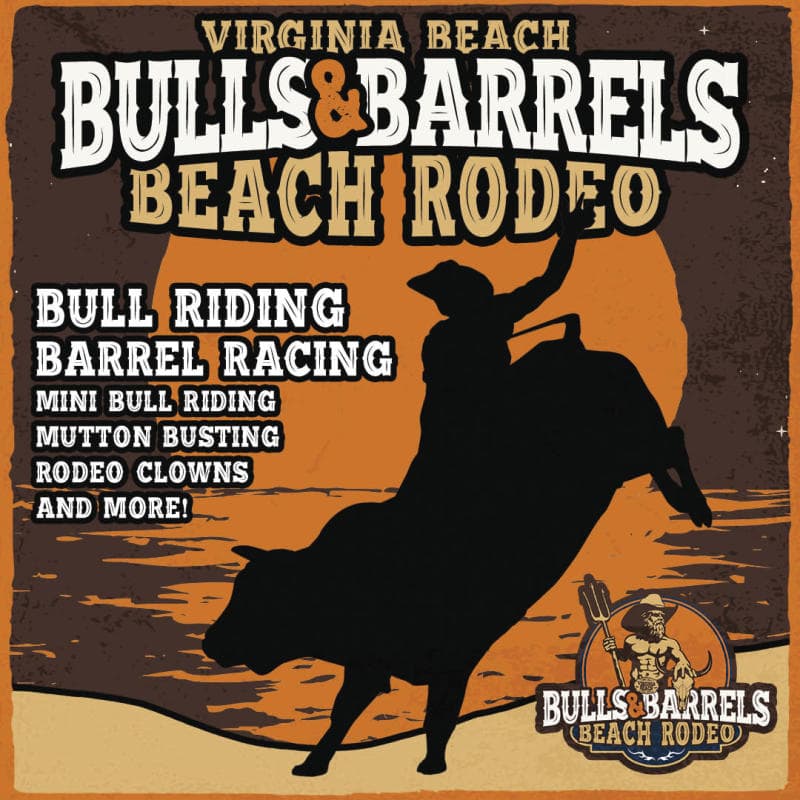 Promotional poster for the Virginia Beach Bulls & Barrels Beach Rodeo featuring bull riding, barrel racing, and various rodeo events.