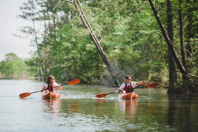 Two people in life vests paddle orange kayaks on a calm, tree-lined river on a sunny day.
