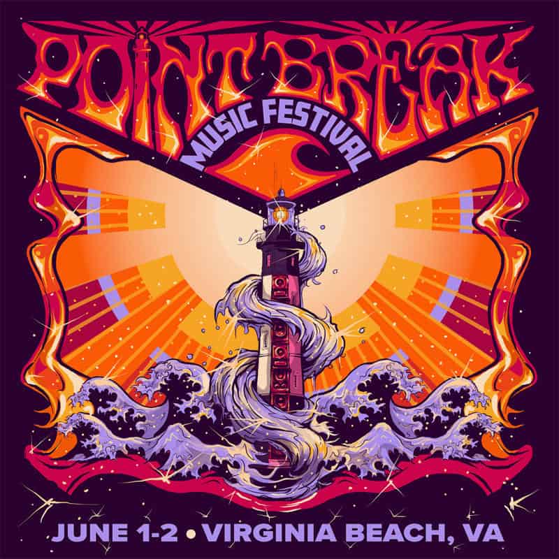 Colorful poster for Point Break Music Festival, featuring a lighthouse with ocean waves, vibrant sun rays, and scheduled for June 1-2 in Virginia Beach, VA.