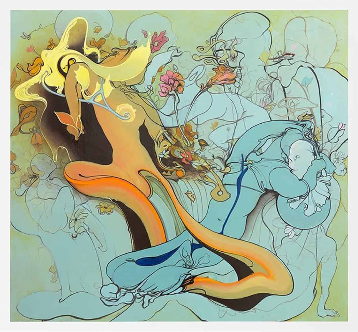 Abstract artwork with intertwined organic shapes and flowing lines in shades of orange, blue, and yellow against a pale background, resembling a dynamic, fluid composition.