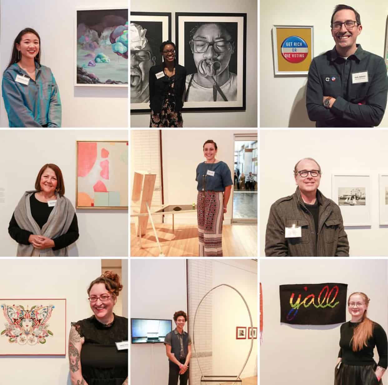 A collage of nine people posing in front of various artworks in a gallery setting, each with a name tag on their clothing.