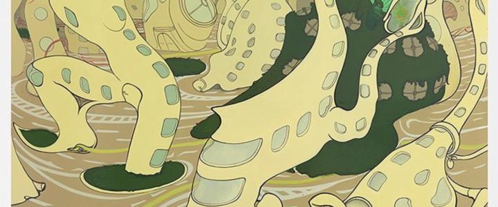 Abstract artwork featuring plant-like yellow forms with bulbous sections and blue patches, set against a swirling brown and green background.