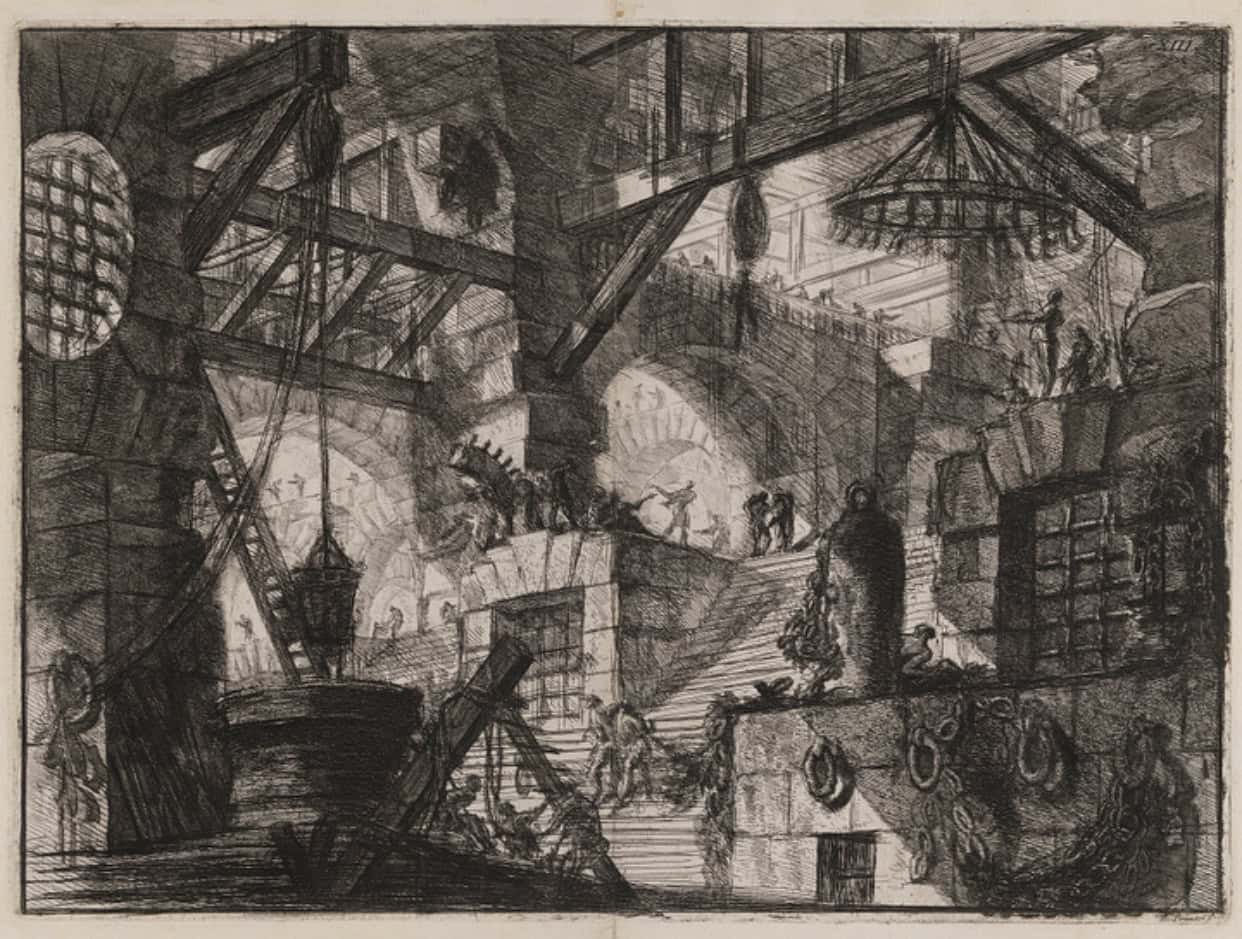 Intricate black and white sketch depicting a vast, complex dungeon-like structure, with staircases, arches, and figures engaged in various activities under a large chandelier.