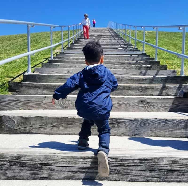 Child in blue jacket climbs wooden stairs outdoors, with a clear blue sky and two people at the top.