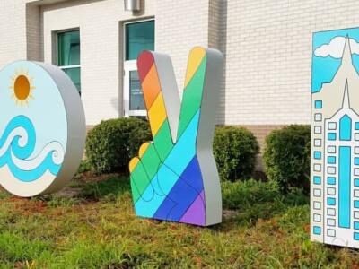 Colorful outdoor sculpture spelling 