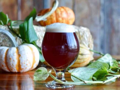 A glass of dark beer with a frothy head on a wooden table, surrounded by pumpkins and green leaves in the background.