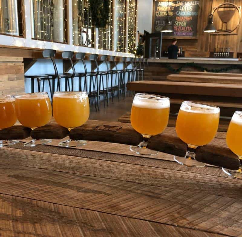 A row of six glasses filled with beer on a wooden table in a modern bar with high stools.