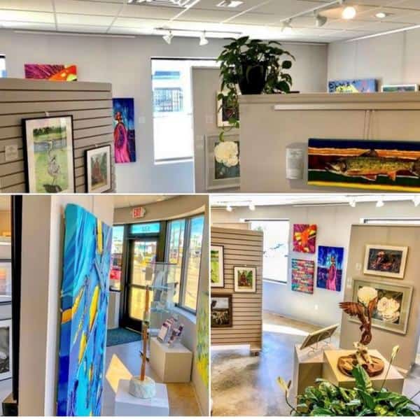 Art gallery interior with various colorful paintings on walls, framed artwork on display stands, a potted plant, and a sculpture. Bright lighting and a glass entrance door visible.