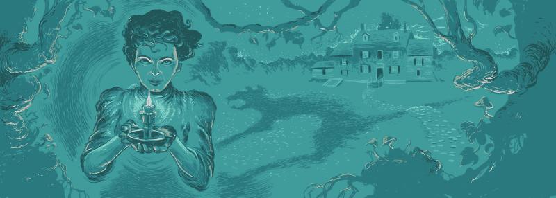 A person holds a lit candle cup, casting a glow, while looking ahead. The background shows an old house amid swirling branches and shadows. The image is in teal tones.