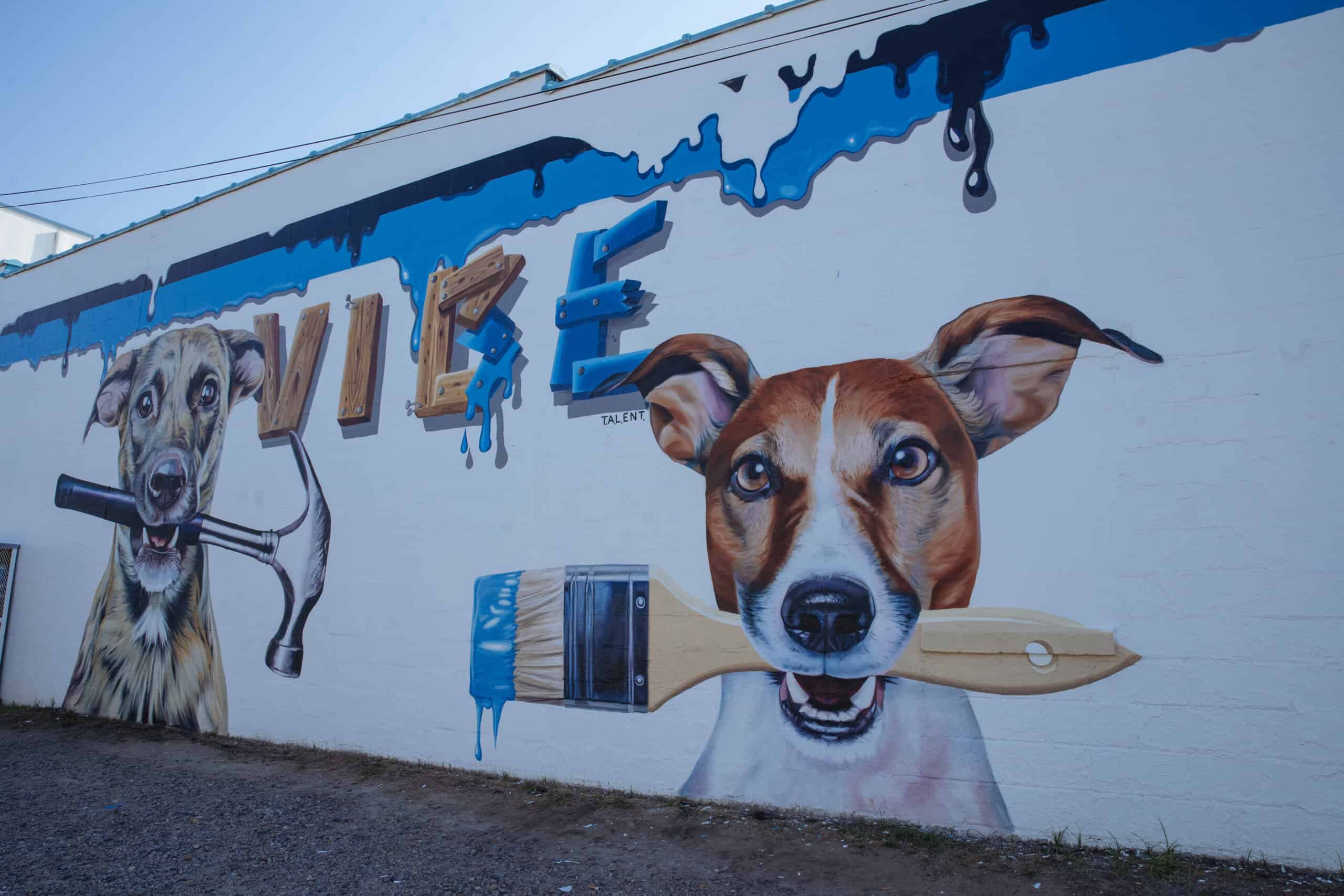 A colorful mural depicting two dogs, one holding a hammer and the other a paintbrush, against a vibrant background of paint drips.