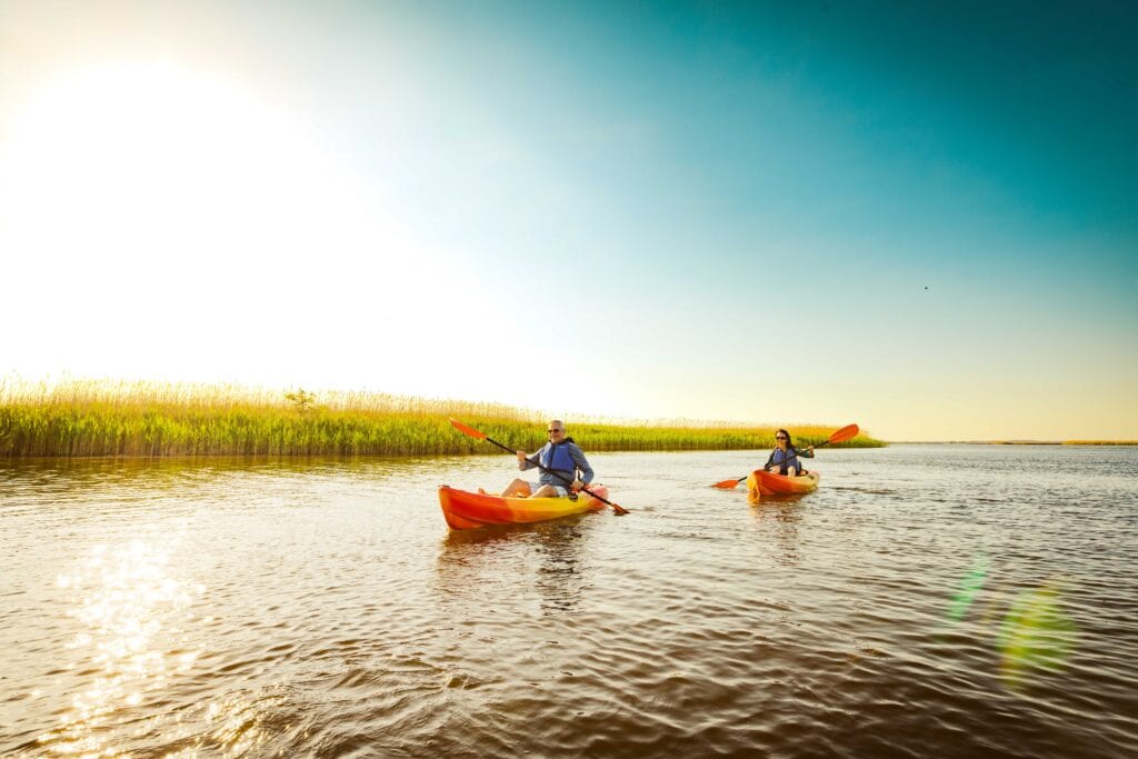 Two people kayaking in bright orange kayaks on a calm, reflective river surrounded by lush greenery and a clear blue sky in Back Bay.