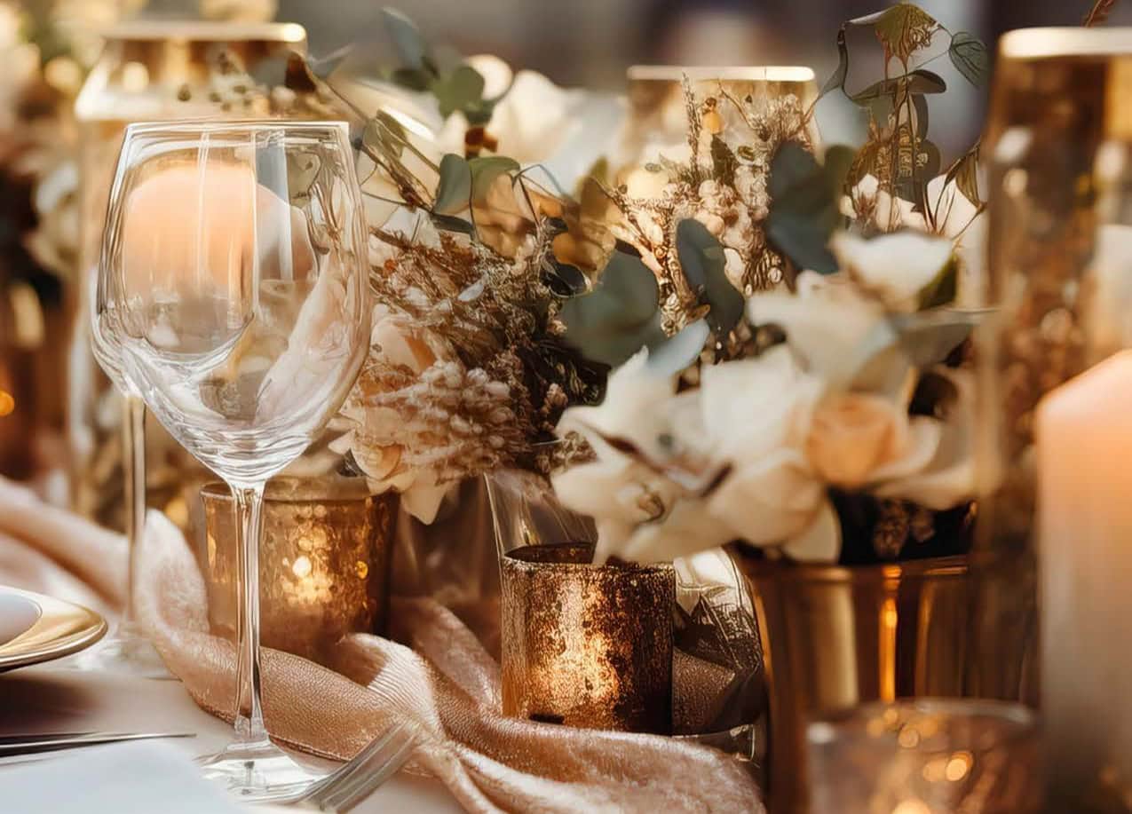 Elegant table setting featuring a clear wine glass, soft fabric draping, golden candle holders, and delicate floral arrangements in soft tones.