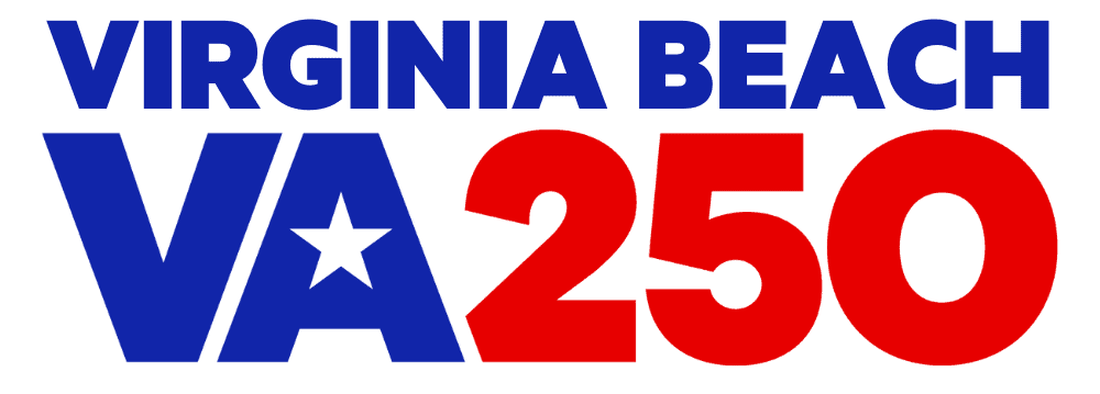 A logo for Virginia Beach VA250 events with two lines of text. Virginia Beach in blue letters on the top and a second line with "VA" in blue letters with a star in the middle and "250" in red text.