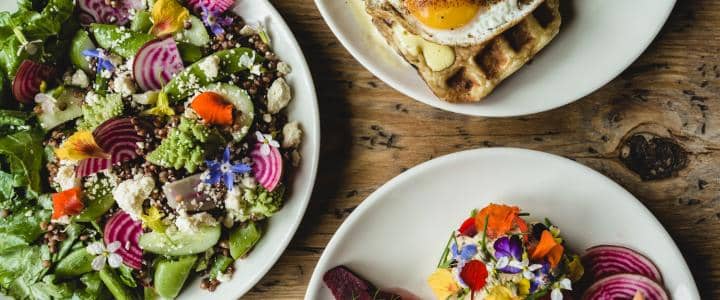 Three plates of colorful food on a wooden table. One with a salad, another with a waffle and fried egg, and the third with a dish topped with flowers.