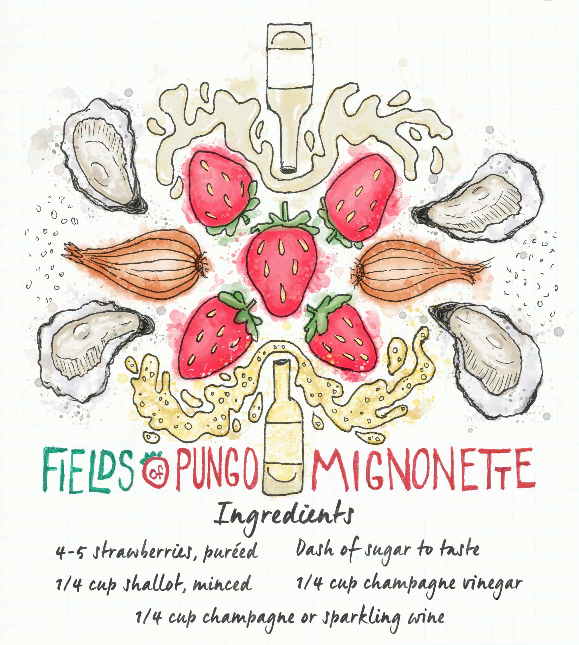 Illustrated recipe for Fields of Pungo Mignonette, featuring strawberries, oysters, shallots, champagne, vinegar, and sugar. Vibrant drawn elements surround text and ingredients.