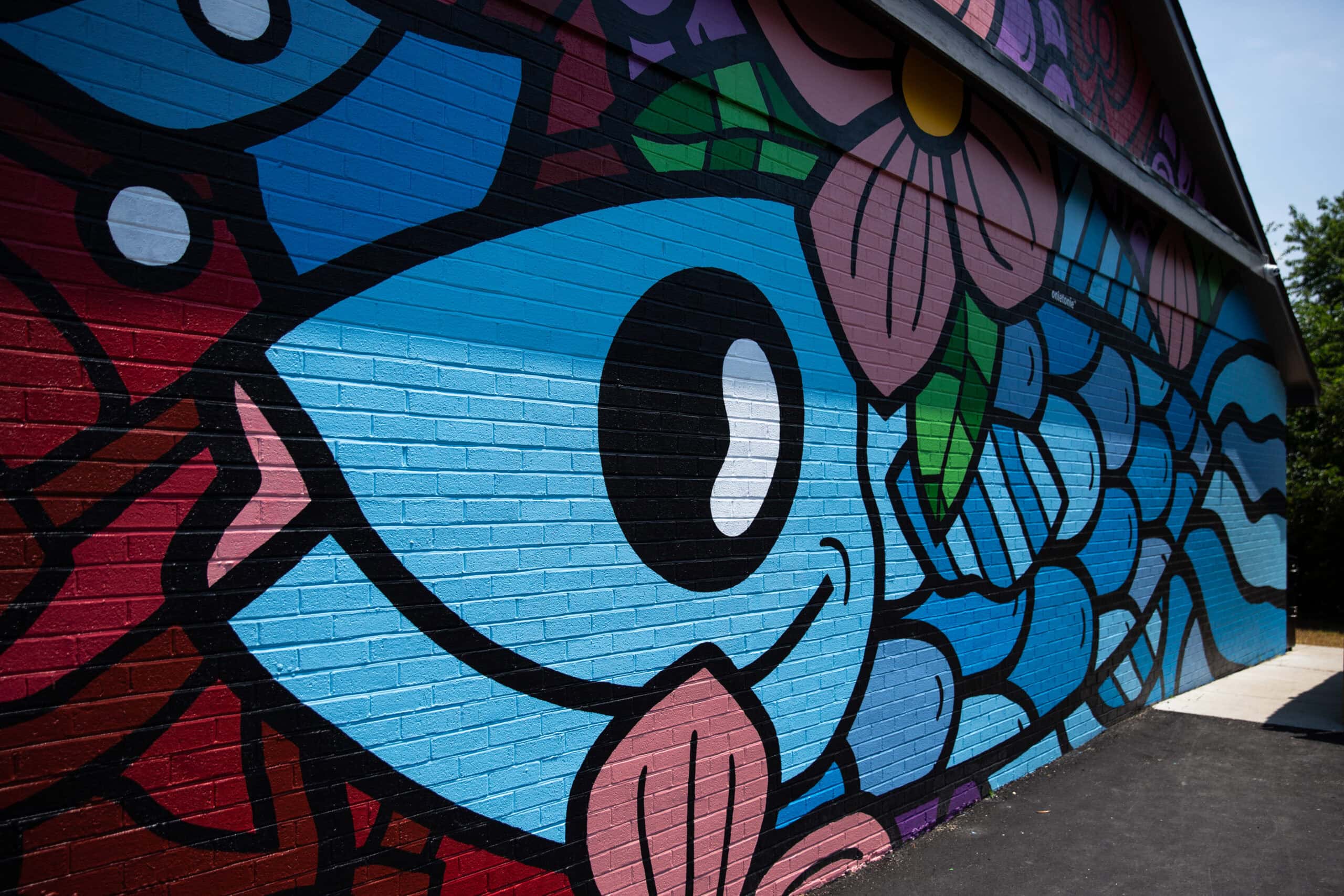 A colorful mural on a brick wall featuring a large eye, abstract shapes, and floral elements in blue, pink, and red tones.