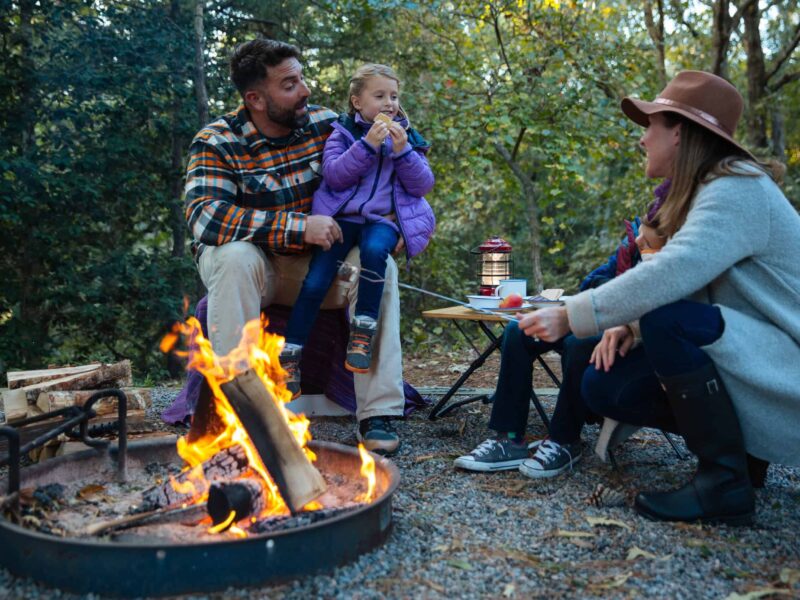 A family of three sits around a campfire in a forest setting. The child is eating a snack, and the woman is roasting a marshmallow. Camping gear and trees are visible in the background.
