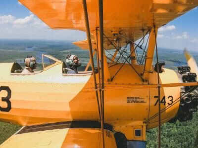 A yellow vintage biplane with 