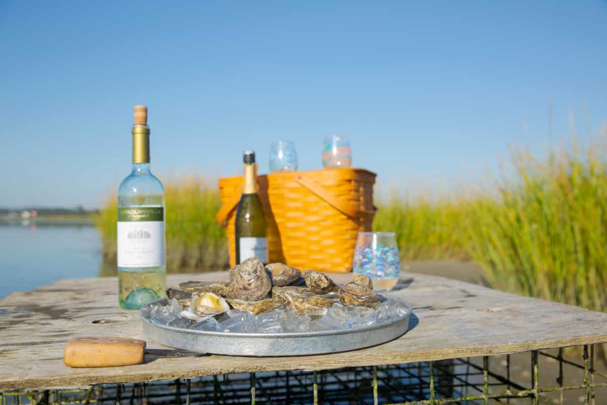 A picnic table by the water with a tray of oysters, two wine bottles, glasses, and a wicker basket. Grass and clear sky in the background.