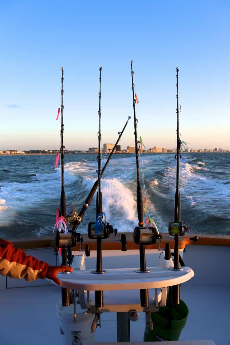 Fishing rods set up on a boat, with ocean waves in the background and a city skyline visible under a clear sky.