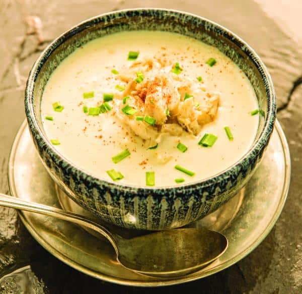 A bowl of creamy soup garnished with chopped green onions and spices, placed on a saucer with a spoon beside it.