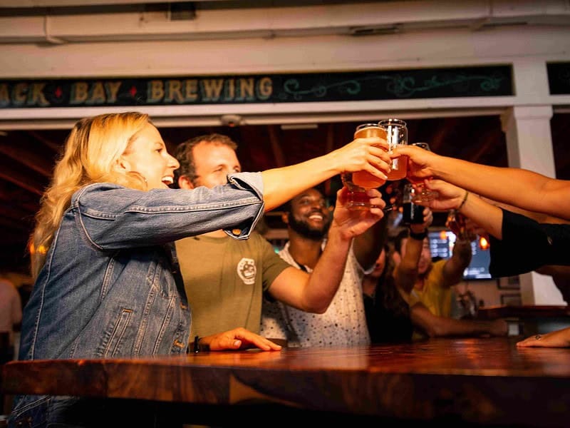 A group of people at a bar clinking beer glasses together in a celebratory toast.