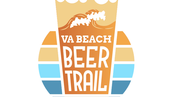 Graphic of a frothy beer glass with text "VA Beach Beer Trail" against a colorful circle with brown, orange, and blue segments.