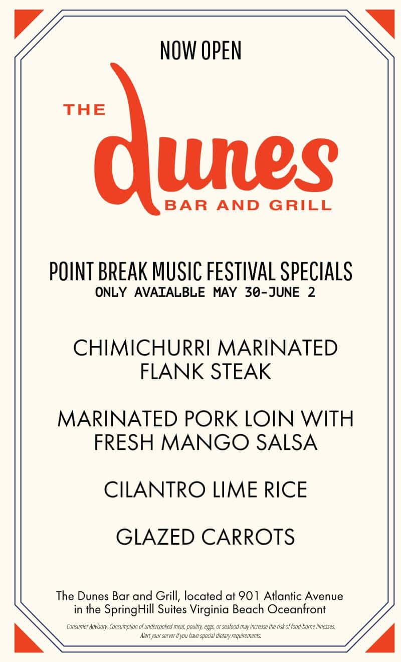 Menu poster for The Dunes Bar and Grill, featuring specials including chimichurri marinated flank steak, marinated pork loin with mango salsa, cilantro lime rice, and glazed carrots.