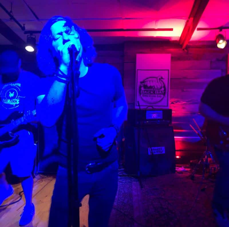 A person sings into a microphone on a stage with purple lighting, accompanied by guitarists.