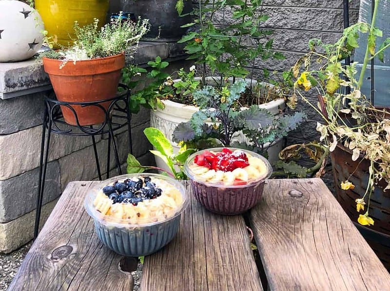 Two smoothie bowls topped with fruit on a rustic wooden table in a garden setting with various potted plants and flowers surrounding it.