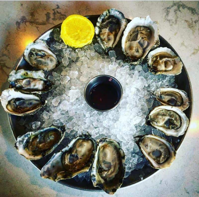 A plate of a dozen oysters on ice with a lemon wedge and a small cup of sauce in the center.