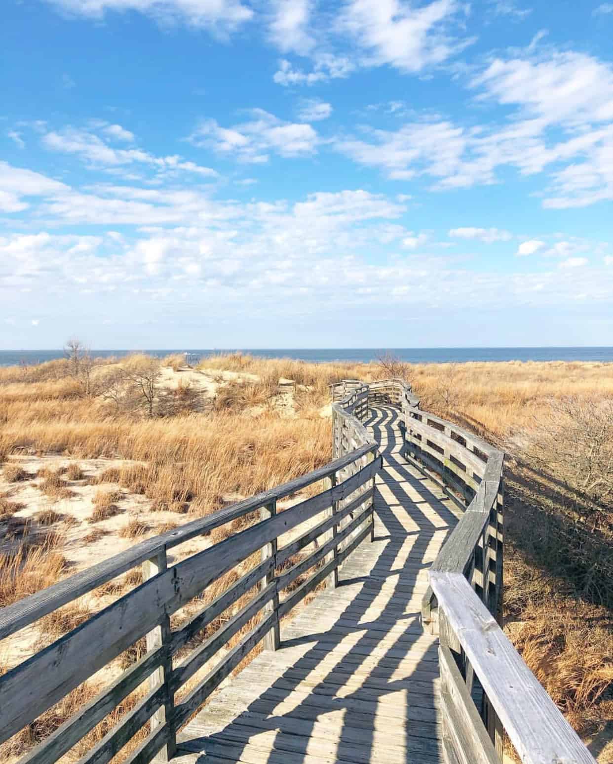 A wooden boardwalk curves through a dry, grassy landscape under a partly cloudy sky, leading toward the ocean horizon in the background.