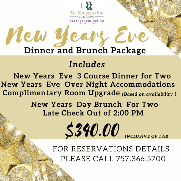 New Year's Eve dinner and brunch package promotion with details on dinner, accommodations, brunch, and pricing. Includes reservation contact number.