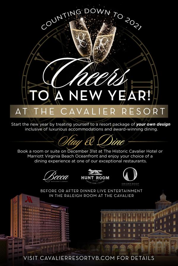 Promotional poster for New Year's event at The Cavalier Resort, featuring images of champagne glasses and hotel. Includes booking information and offers for dinner and entertainment.