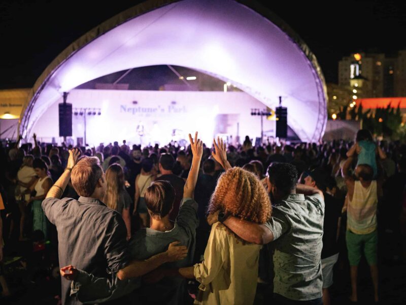 Group of friends with hands in air at Neptune Park during live music