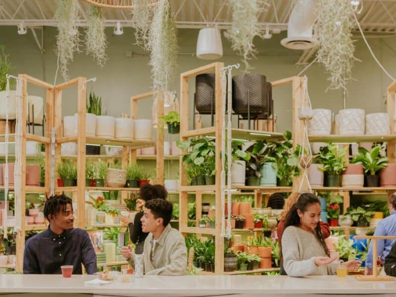 A vibrant plant shop with customers engaged in conversation at a modern counter surrounded by shelves of greenery and decorative pots.