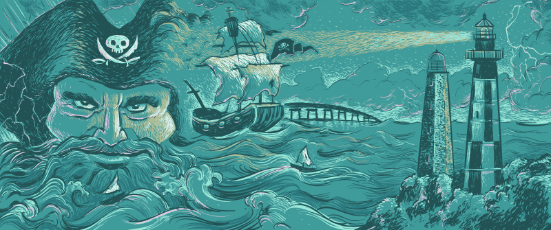 Illustration of a pirate face with a ship, ocean waves, lighthouse, and clouds. The pirate ship has sails and a skull flag, and a light beam shines from the lighthouse.