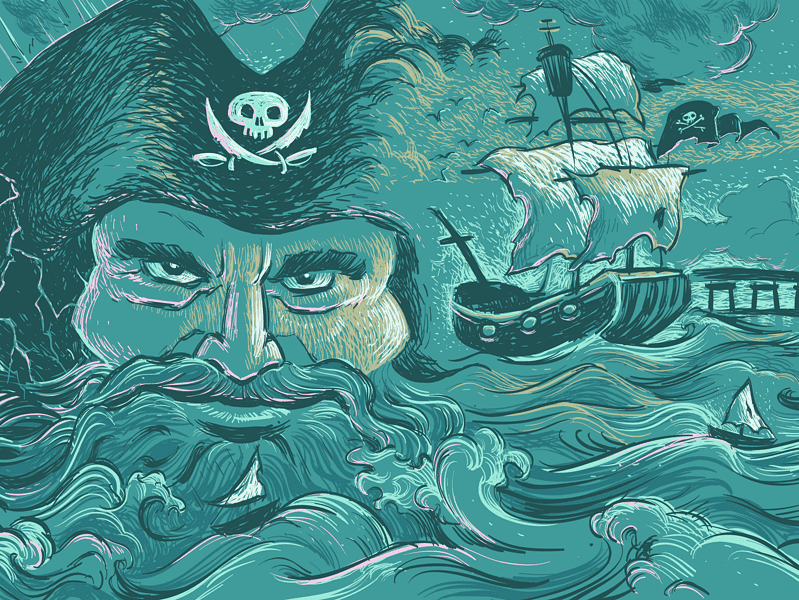 Illustrated scene with a pirate's face, a ship with sails, stormy sea, and two lighthouses in the distance.