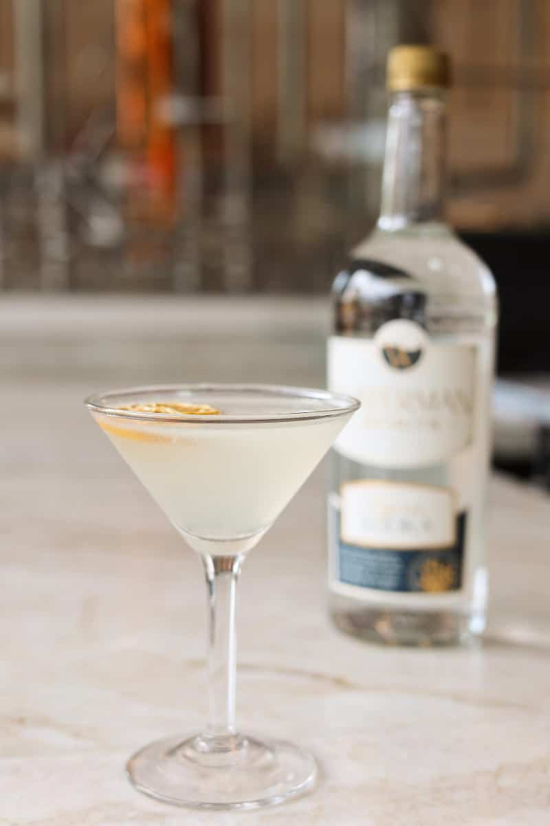 A martini glass filled with a clear cocktail garnished with a lemon twist, placed on a marble surface. A bottle of gin is blurred in the background.