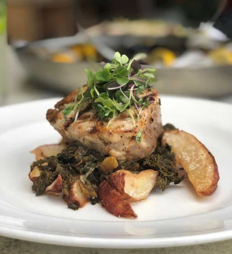 Grilled meat topped with microgreens on a bed of roasted vegetables and leafy greens, served on a white plate.
