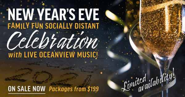 New Year's Eve celebration advertisement with champagne glass, emphasizing socially distant family fun, live music, and packages starting from 9. Limited availability.