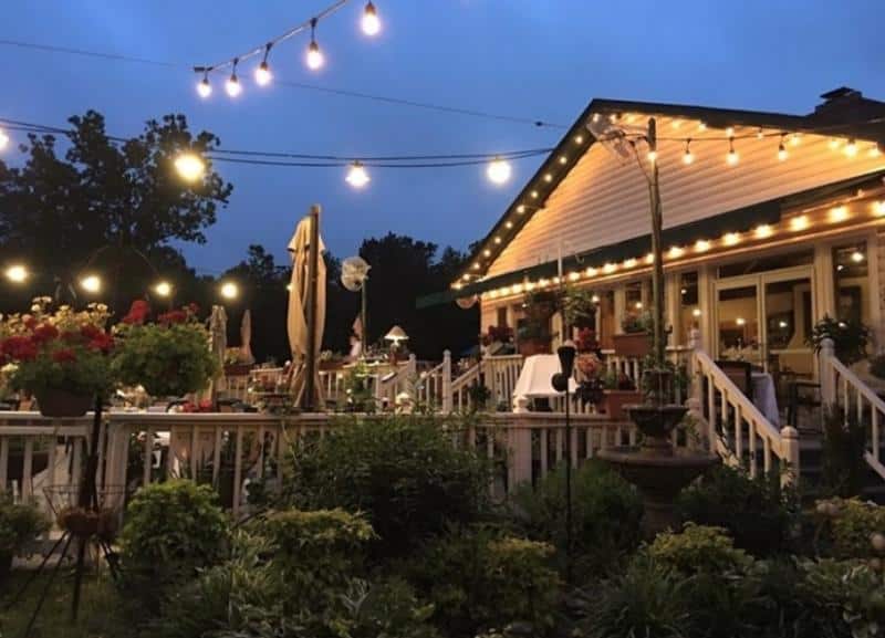 A house with a porch is decorated with string lights and surrounded by plants at dusk.