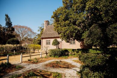 The historic Adam Thoroughgood House surrounded by lush gardens and well-maintained hedges under a clear blue sky.