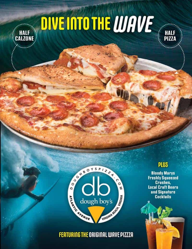 Advertisement for Dough Boy's pizza featuring "Wave Pizza" with half calzone, half pizza. Includes images of a pizza, a surfer, and drinks, with additional offerings listed.
