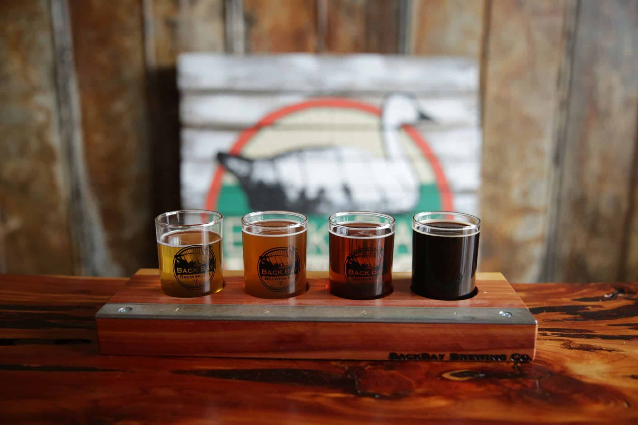 A wooden flight board holds four glasses of beer, varying in color from light to dark. A logo is visible on each glass, and a blurred background features a rustic sign with a goose illustration.