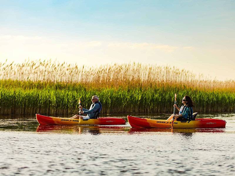 Two people paddle orange kayaks at Little Island Park with tall grass and blue sky in the background.