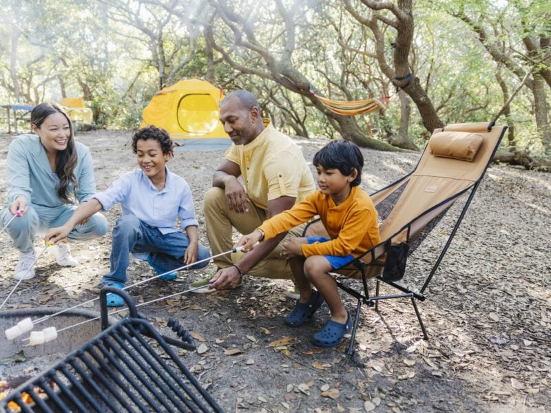 A family enjoys a camping trip, roasting marshmallows over a campfire in a wooded area with a tent and hammock nearby.