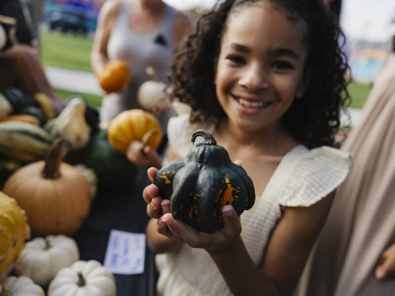A cheerful girl holds a unique black and orange pumpkin at a fall market, surrounded by various other gourds.