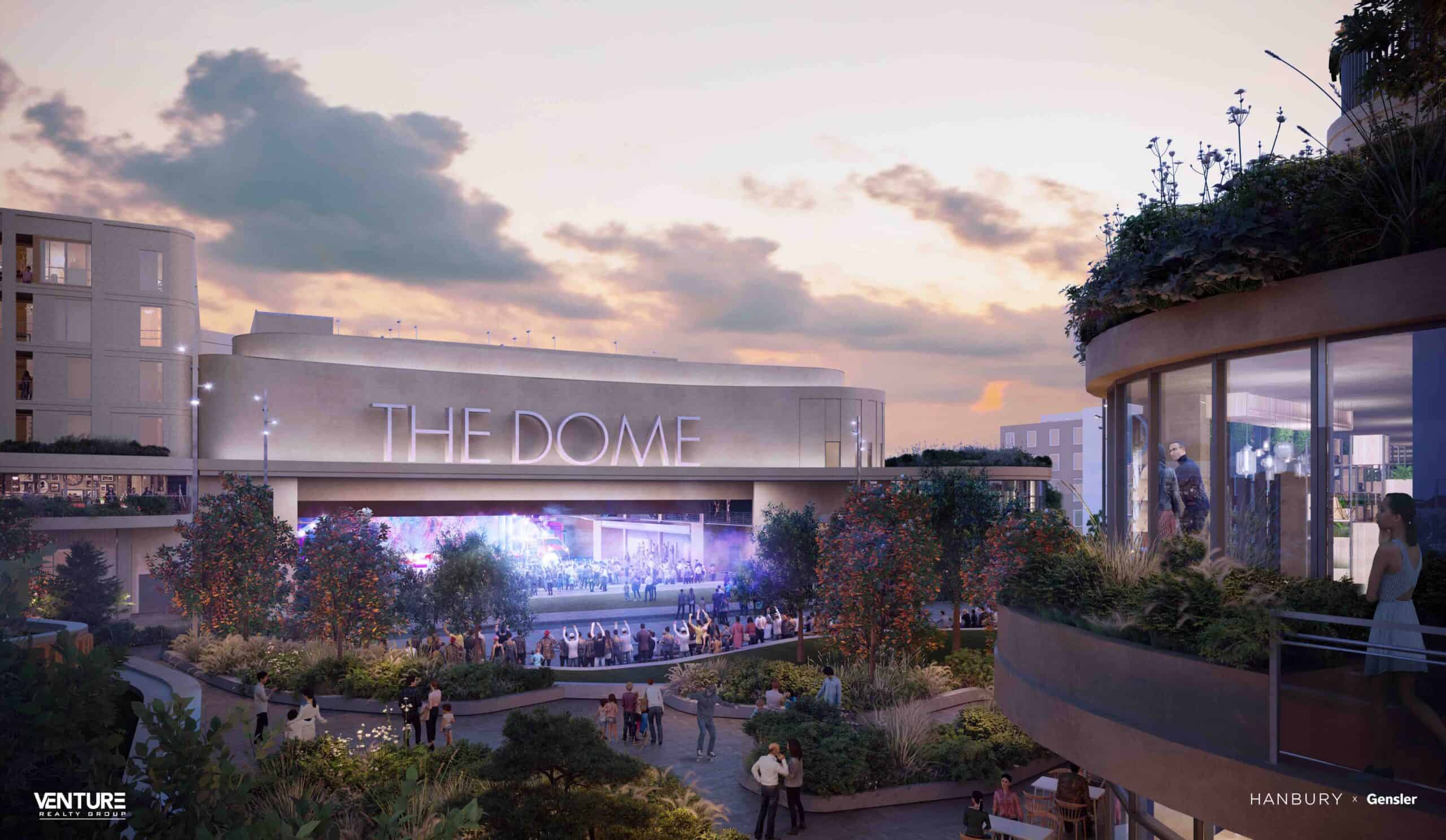 A dynamic rendering of "The Dome," showcasing a lively outdoor event with attendees amidst landscaped gardens and modern architecture at sunset.