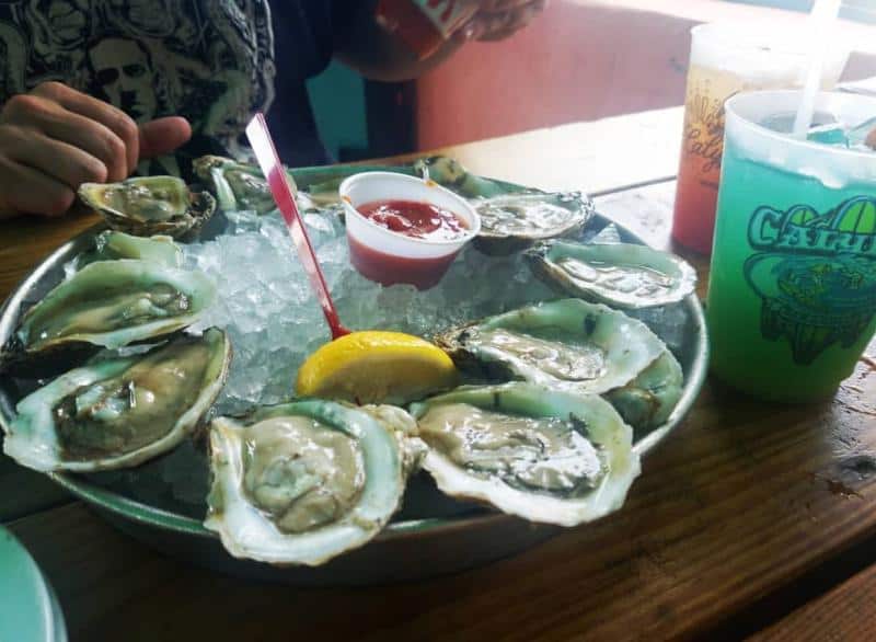 A tray of fresh oysters on ice, accompanied by lemon, cocktail sauce, and colorful drinks.